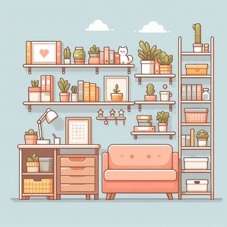 Illustration of a cozy living room with bookshelves and furnitureのイラスト素材
