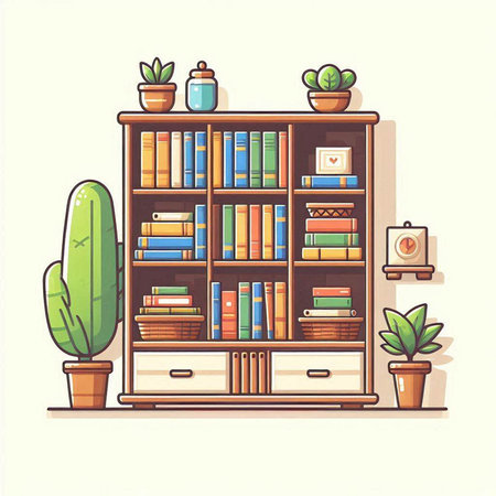 Bookshelf with books and home plants. Vector illustration in cartoon styleのイラスト素材
