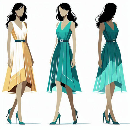 Fashion illustration of beautiful woman in blue dress. Vector illustration.のイラスト素材