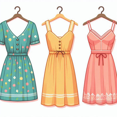 Set of women's dresses on a hanger. Vector illustration.のイラスト素材