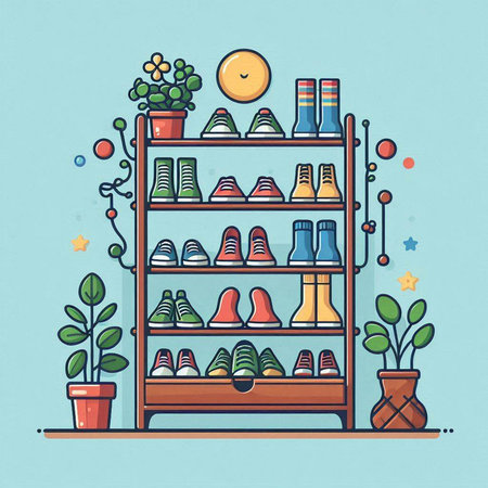 Shelves with different products. Hand drawn vector illustration in cartoon style.のイラスト素材