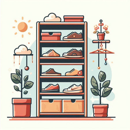 Shelves with different shoes. Vector illustration in flat style.のイラスト素材