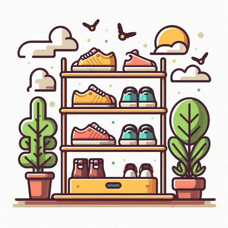 Shelves with shoes and trees. Vector illustration in flat styleのイラスト素材