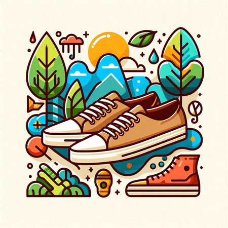Sneakers in the forest. Vector illustration in linear style.のイラスト素材