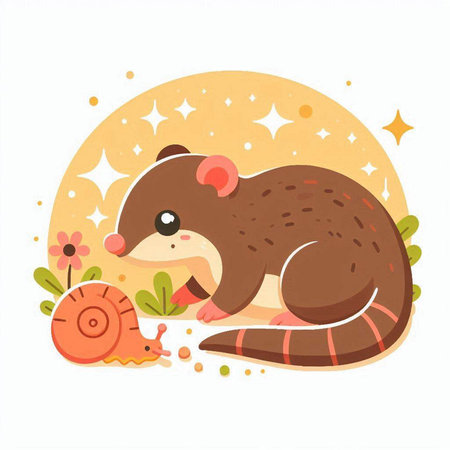 Cute cartoon rat with snail. Vector illustration in flat style.のイラスト素材