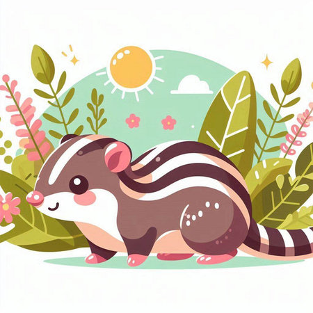 Cute cartoon striped skunk on the background of the summer landscapeのイラスト素材
