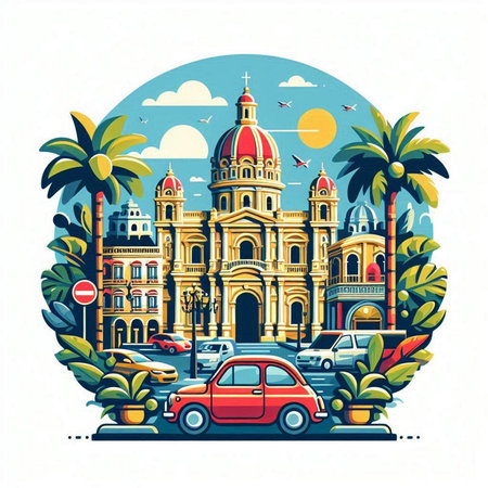 Vector illustration of the famous landmark of Havana, Cuba. Colorful vector illustration in flat styleのイラスト素材
