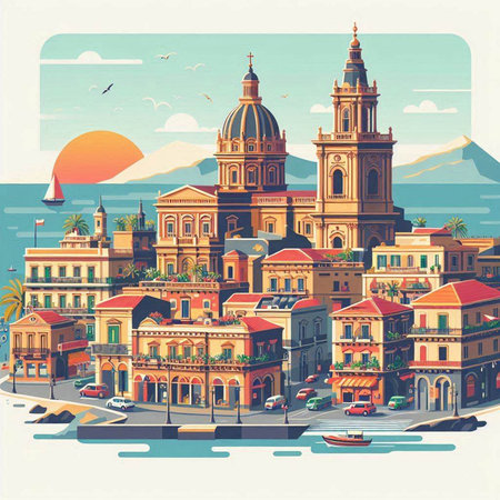 Cityscape of Cefalu, Sicily, Italy. Vector illustrationのイラスト素材