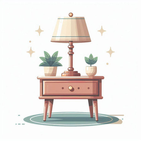 Vector illustration of a nightstand with a lamp and potted plants.のイラスト素材