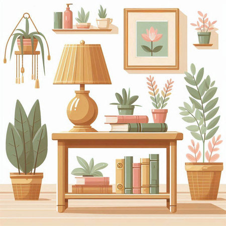 Living room interior with bookshelf and plants. Vector illustration.のイラスト素材