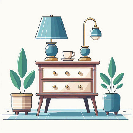 Coffee table with lamp and plants. Vector illustration in flat styleのイラスト素材
