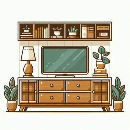 TV on a chest of drawers in the living room. Vector illustration.のイラスト素材