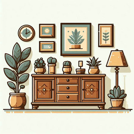 Interior of living room with furniture and plants. Vector illustration.のイラスト素材