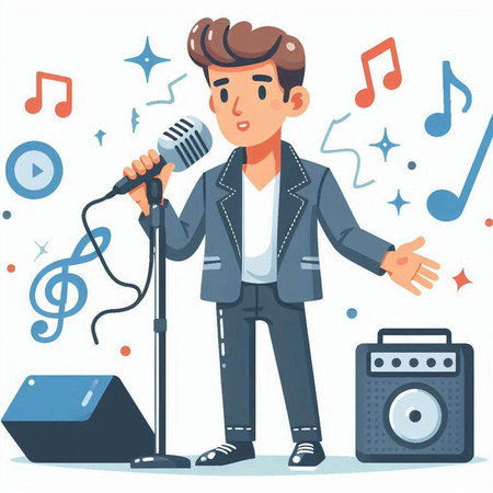 Man singing into a microphone. Vector illustration in flat cartoon style.のイラスト素材