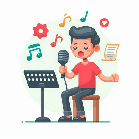 Cute cartoon man singing karaoke. Vector illustration in flat styleのイラスト素材