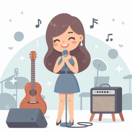 Cute girl singing and playing guitar. Vector illustration in cartoon style.のイラスト素材