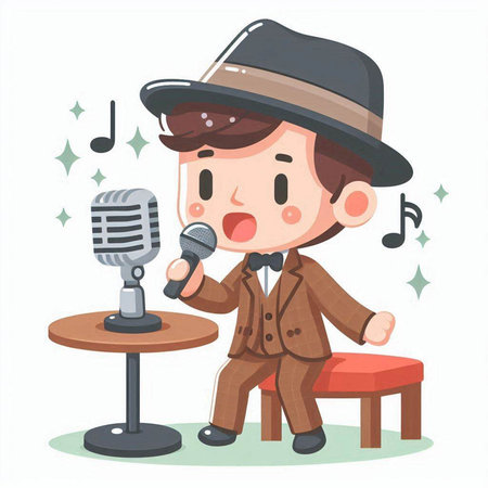 Illustration of a man in a suit and hat singing into a microphone.のイラスト素材