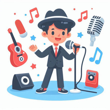 Cute little boy in suit and hat with microphone. Vector illustrationのイラスト素材