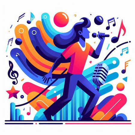 Musician with microphone on colorful background. Vector illustration in flat styleのイラスト素材