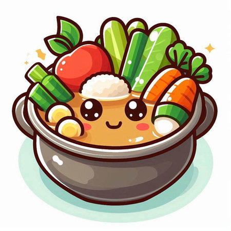 Illustration of a Cute Cartoon Vegetable Soup in a Potのイラスト素材