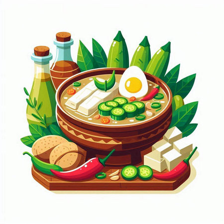Bowl of soup with tofu, cucumber, egg and herbs. Vector illustration.のイラスト素材