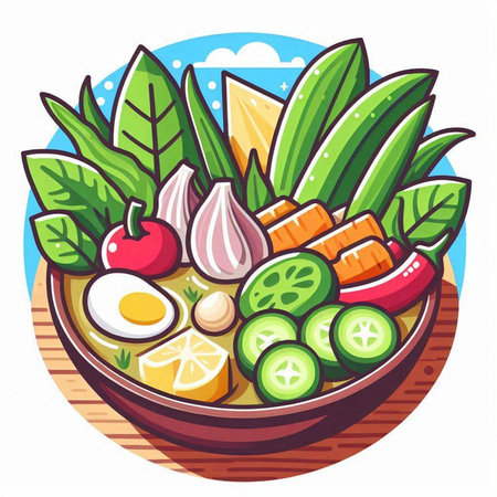 Cartoon vector illustration of Thai soup with vegetables and eggs in bowl.のイラスト素材