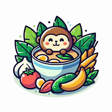 Cute cartoon monkey eating noodle with vegetables. Vector illustration.のイラスト素材