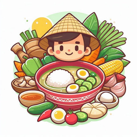 Cartoon illustration of Asian boy eating rice soup with vegetables. Vector illustration.のイラスト素材