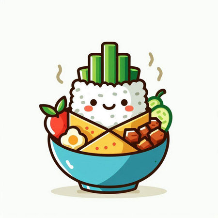 Illustration of a bowl of rice with chopsticks and vegetables.のイラスト素材
