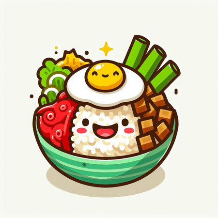 Illustration of a bowl of rice with kawaii fried eggのイラスト素材