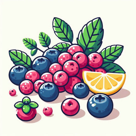 Vector illustration of fresh blueberries, cranberries and lemons.のイラスト素材