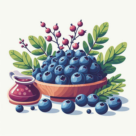 Blueberry jam in a wooden bowl with berries and leaves. Vector illustration.のイラスト素材