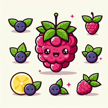 Cute cartoon raspberry and blueberry fruit set. Vector illustration.のイラスト素材