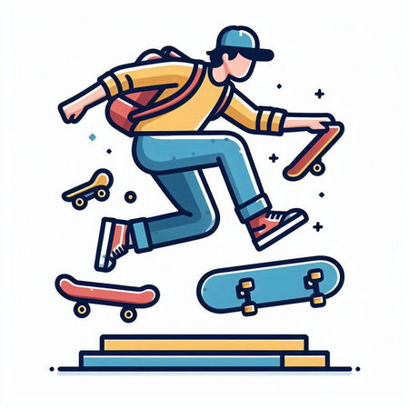 Skateboarder jumping on a ramp. Vector illustration in flat style.のイラスト素材