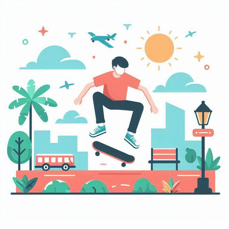 Skateboarder in the park. Vector illustration in flat styleのイラスト素材