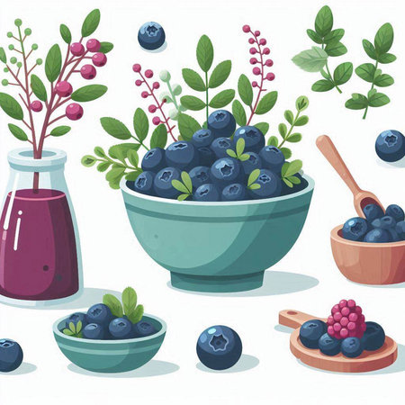 Blueberries and berries in a bowl. Vector illustration of berries.のイラスト素材