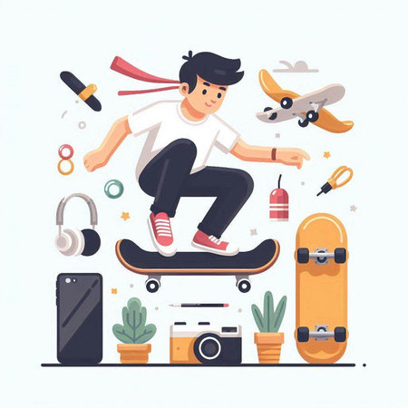 Skateboarder with skateboard. Flat style vector illustration.のイラスト素材