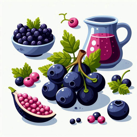 Vector illustration of a set of berries and a jug of fruit juiceのイラスト素材