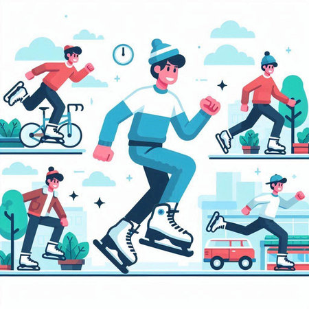 Set of people skating flat vector illustration. Cartoon man and woman riding on roller skatesのイラスト素材