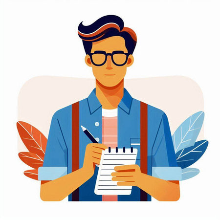 Young man writing in notebook. Vector illustration in flat cartoon style.のイラスト素材