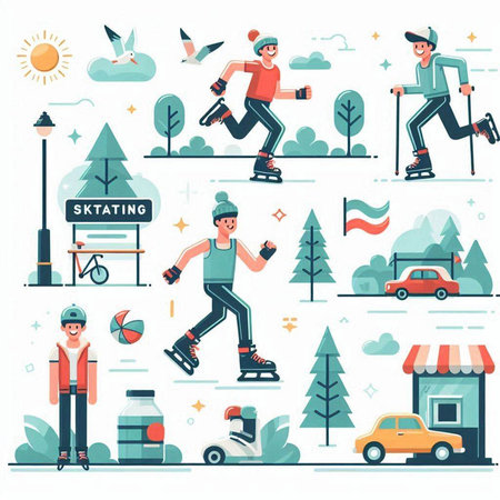 Set of flat vector icons with people on roller skates. Outdoor activities and sports.のイラスト素材