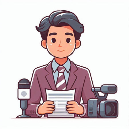 Journalist with camera and newspaper. Vector illustration in cartoon style.のイラスト素材