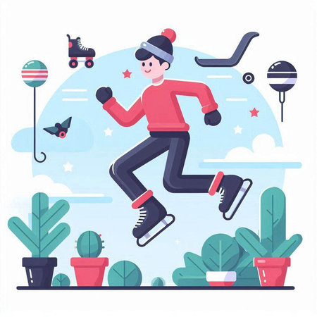 Winter sport activity flat vector illustration. Cartoon man skating on ice rink.のイラスト素材