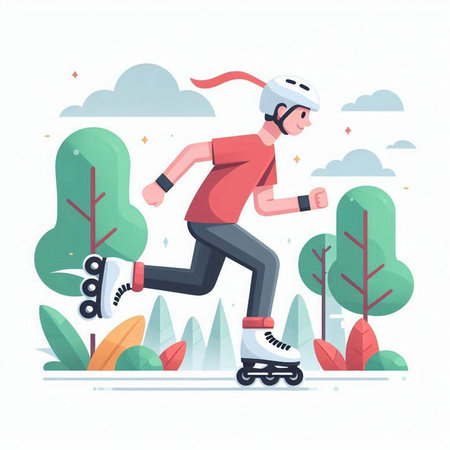 Man on roller skates in the park. Flat vector illustration.のイラスト素材