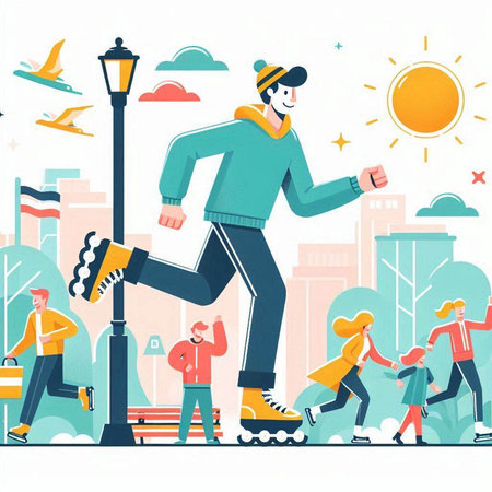 People on roller skates in the city. Vector illustration in flat styleのイラスト素材