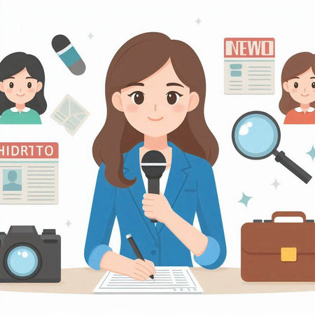 Illustration of a journalist writing on a paper with a microphone in her handのイラスト素材