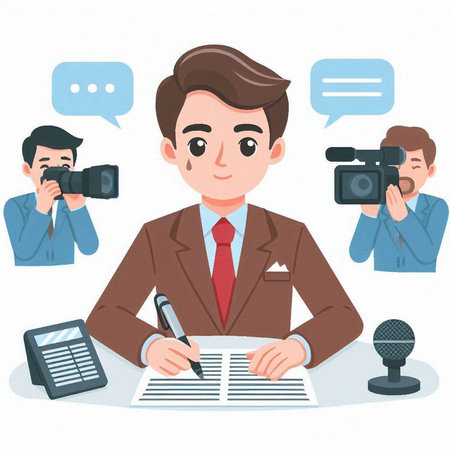Journalist with camera and newspaper. Vector illustration in cartoon style.のイラスト素材