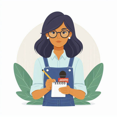 Female journalist holding a microphone and writing in a notebook. Vector illustration.のイラスト素材