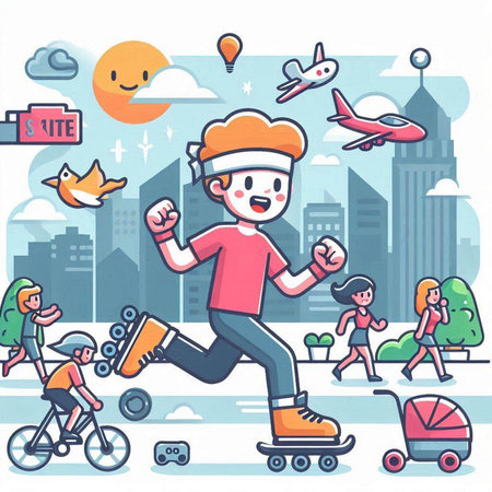 Boy riding skateboard in the city. Vector illustration in cartoon styleのイラスト素材