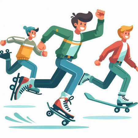 Vector illustration of a group of young people riding on skateboards.のイラスト素材